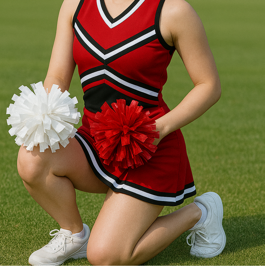 Cheerleader in a red and black uniform with pom-poms on a grassy field