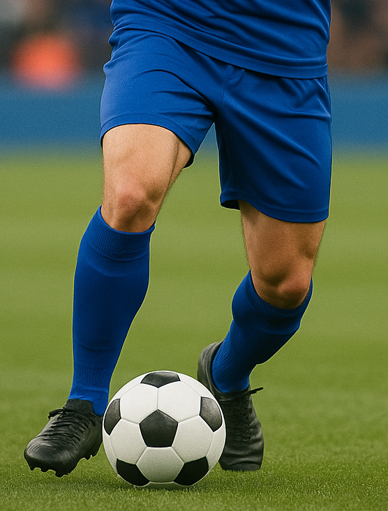 Soccer player in blue 'PRO FEET' jersey dribbling a ball on a field with spectators in the background.