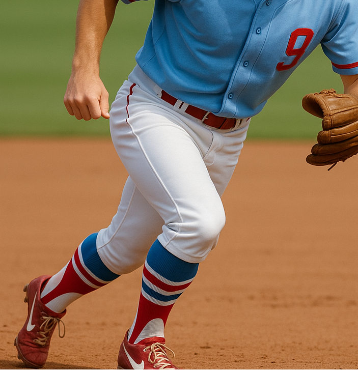 Baseball player in a blue uniform with red accents running on a field